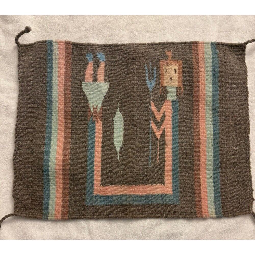 Vintage Small Mexican Wool Yei Rug ~ Art Textile Weaving Wall Hanging 19” X 14”